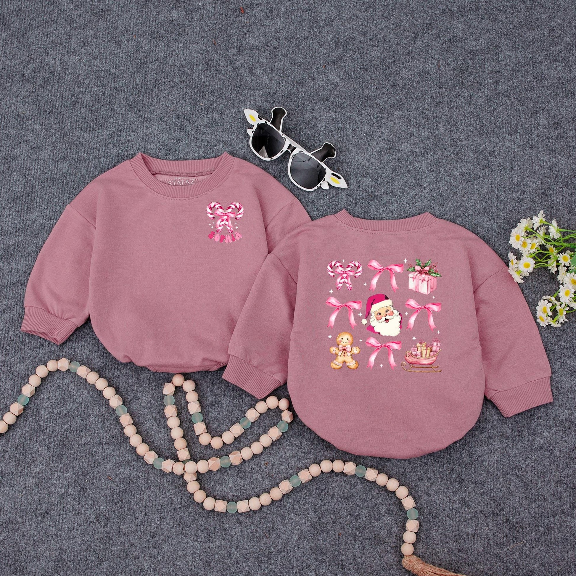 Pink Christmas Baby Romper Girl | Cute Santa Candy Cane Holiday Outfit | Personalized Xmas Bodysuit Gift Set Soft Cotton Festive Winter Clothes 138