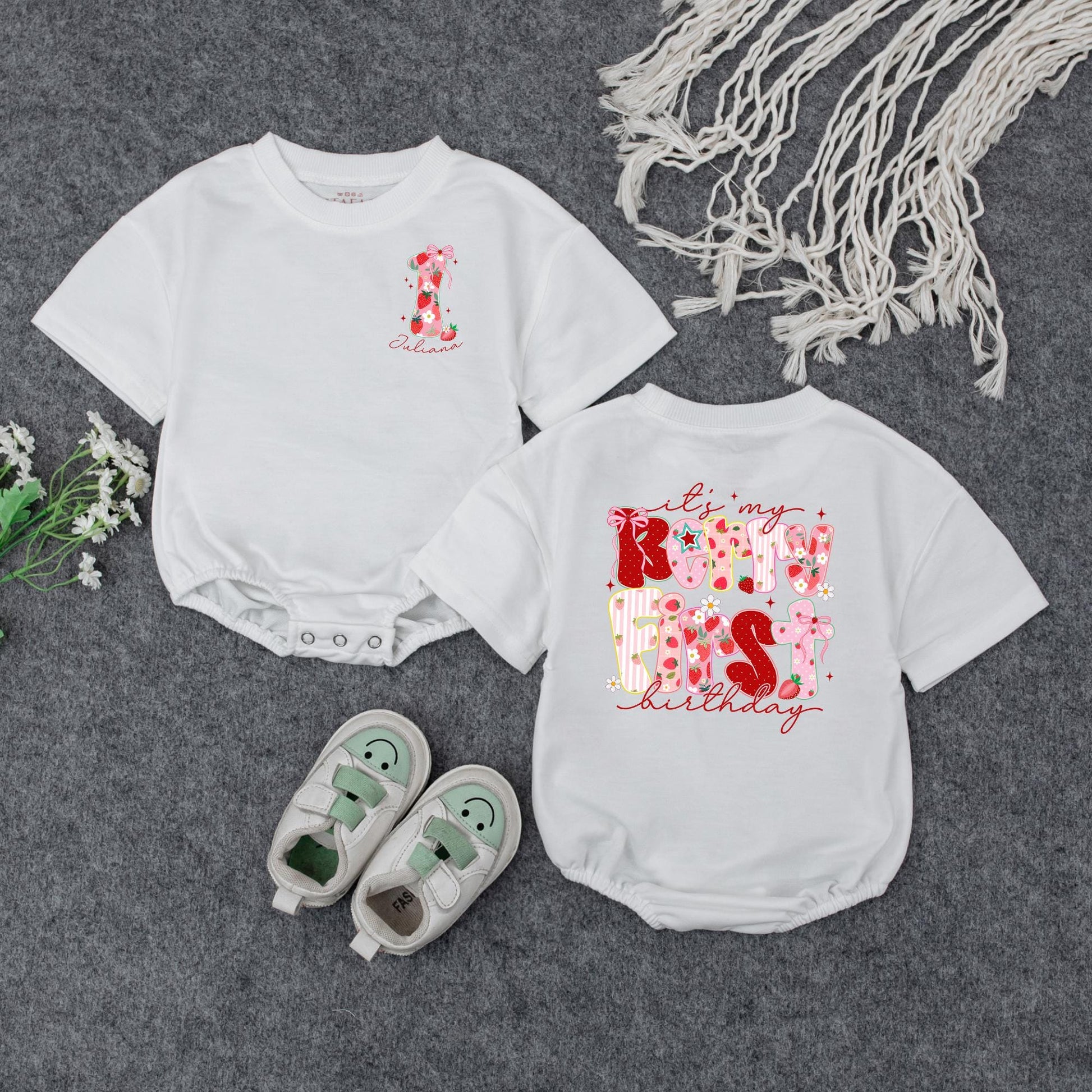 Sweet Strawberry Candy First Birthday Romper Baby Girl Outfit Pink Bow Floral Stripes Holiday Festive Gift 138