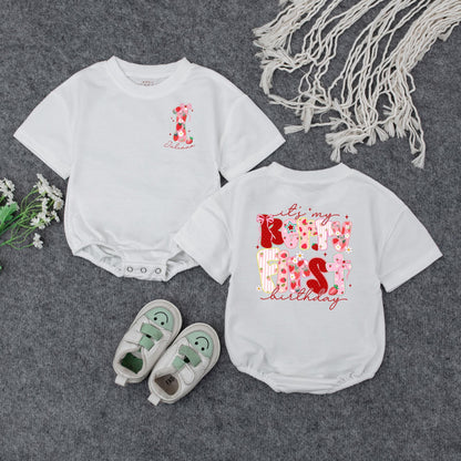 Sweet Strawberry Candy First Birthday Romper Baby Girl Outfit Pink Bow Floral Stripes Holiday Festive Gift 138