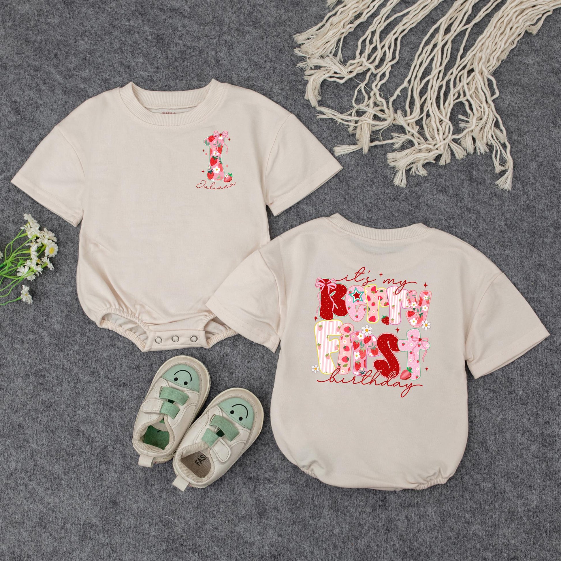 Sweet Strawberry Candy First Birthday Romper Baby Girl Outfit Pink Bow Floral Stripes Holiday Festive Gift 138