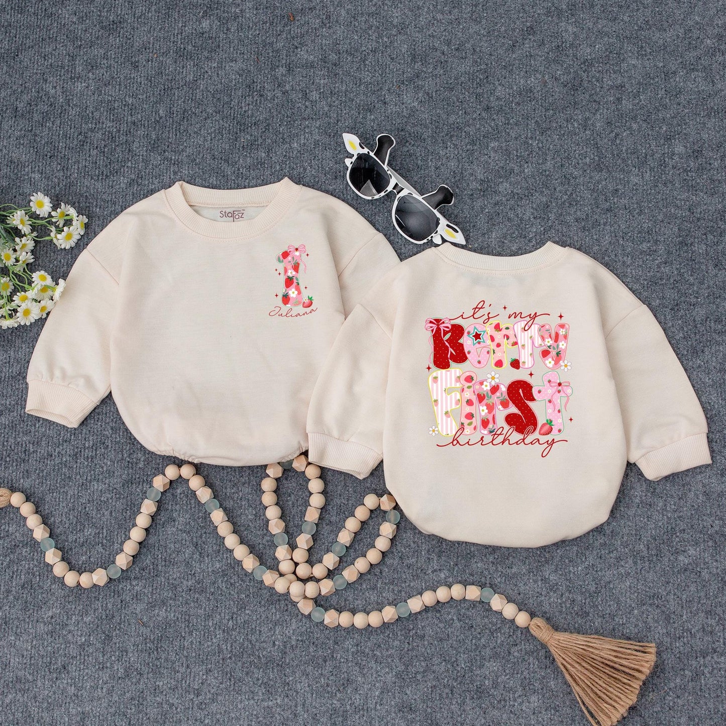 Sweet Strawberry Candy First Birthday Romper Baby Girl Outfit Pink Bow Floral Stripes Holiday Festive Gift 138