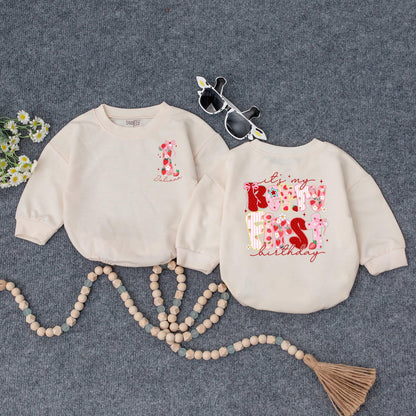 Sweet Strawberry Candy First Birthday Romper Baby Girl Outfit Pink Bow Floral Stripes Holiday Festive Gift 138