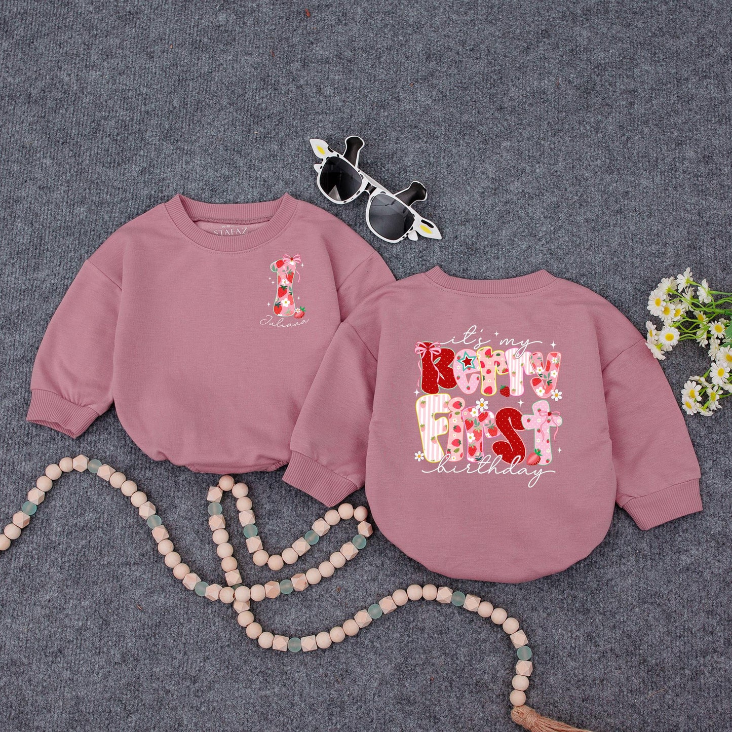 Sweet Strawberry Candy First Birthday Romper Baby Girl Outfit Pink Bow Floral Stripes Holiday Festive Gift 138