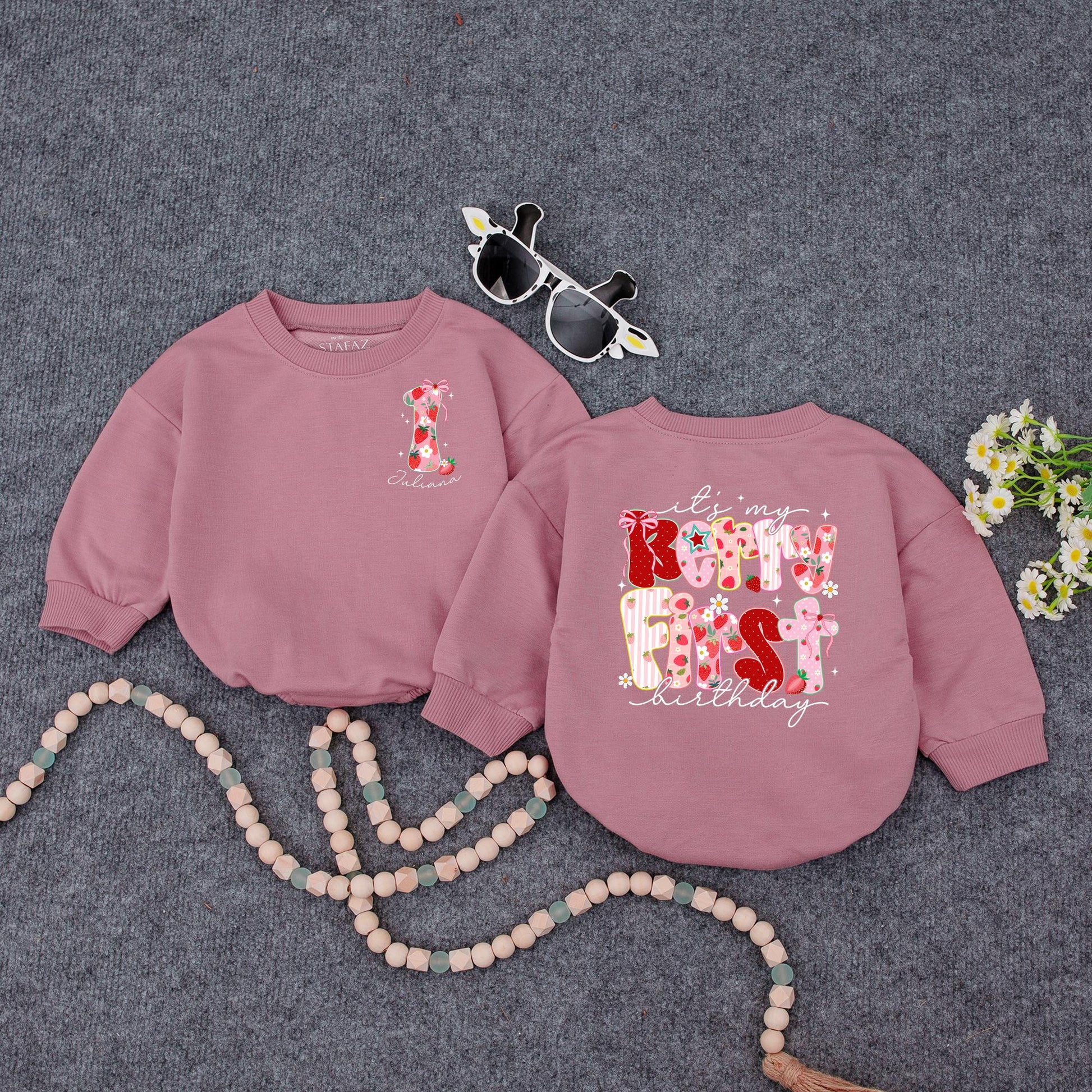 Sweet Strawberry Candy First Birthday Romper Baby Girl Outfit Pink Bow Floral Stripes Holiday Festive Gift 138