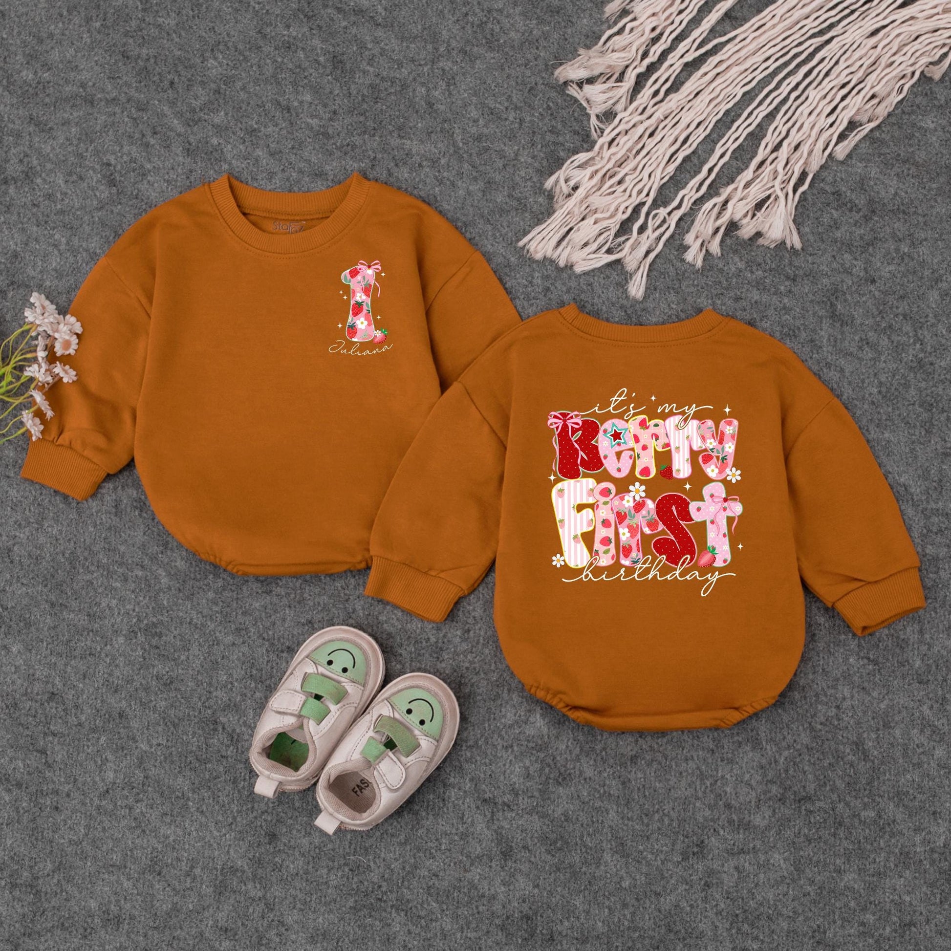 Sweet Strawberry Candy First Birthday Romper Baby Girl Outfit Pink Bow Floral Stripes Holiday Festive Gift 138