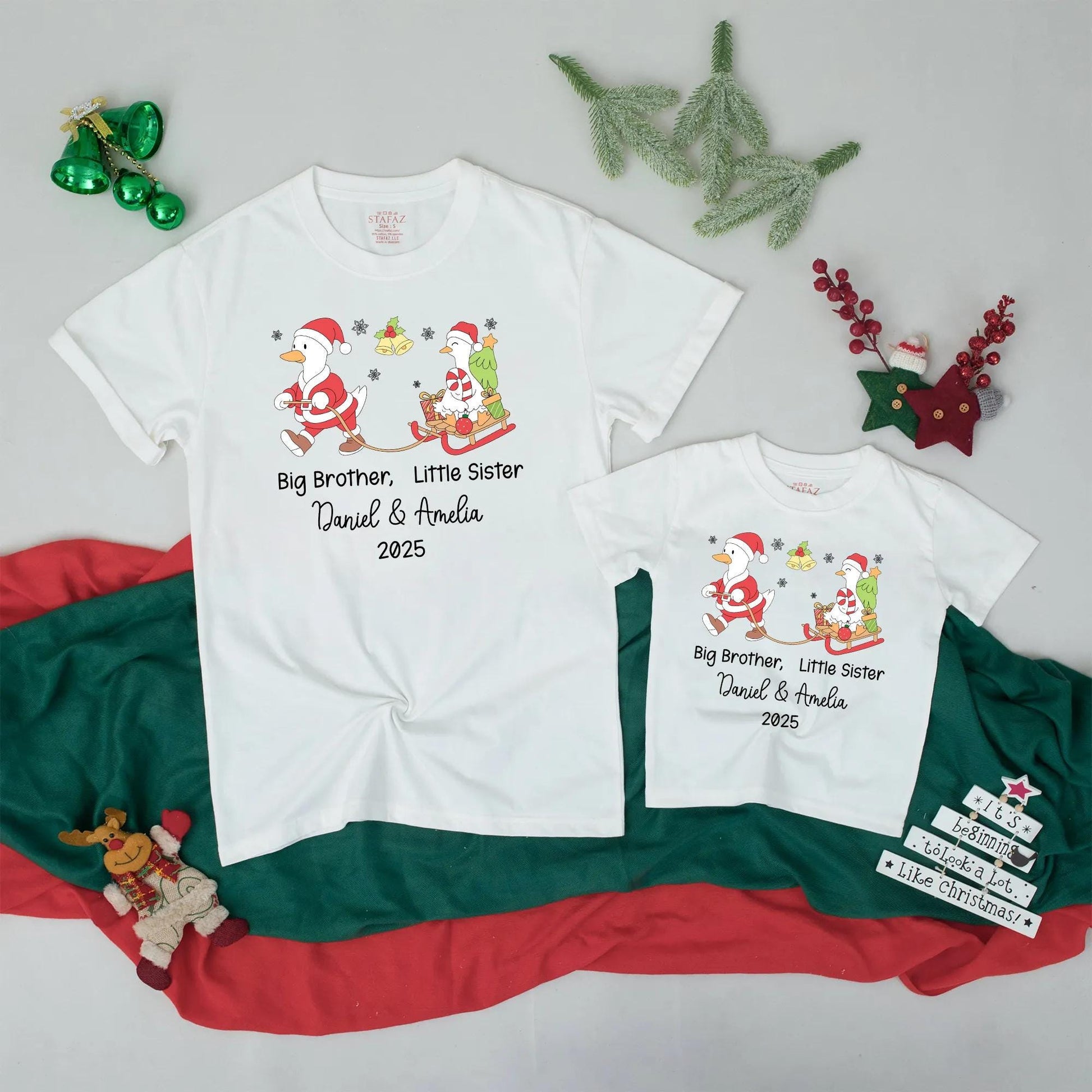 Personalized Big Brother Little Sister First Christmas Outfits 2025 Sibling Names Whimsical Goose Sledding Baby Toddler Holiday Shirts