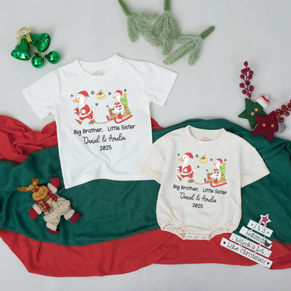 Personalized Big Brother Little Sister First Christmas Outfits 2025 Sibling Names Whimsical Goose Sledding Baby Toddler Holiday Shirts