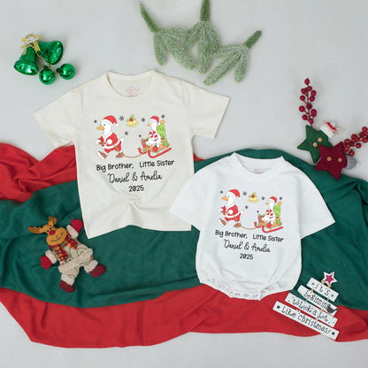 Personalized Big Brother Little Sister First Christmas Outfits 2025 Sibling Names Whimsical Goose Sledding Baby Toddler Holiday Shirts