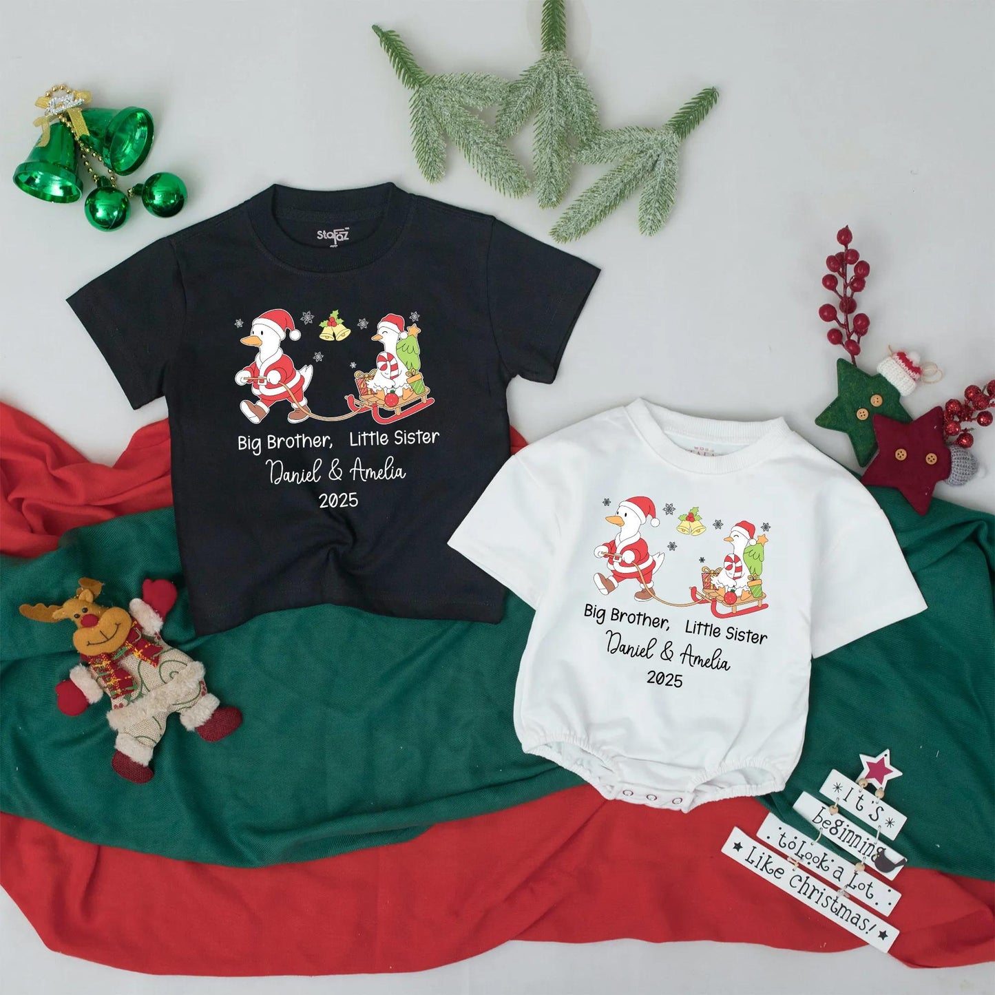 Personalized Big Brother Little Sister First Christmas Outfits 2025 Sibling Names Whimsical Goose Sledding Baby Toddler Holiday Shirts