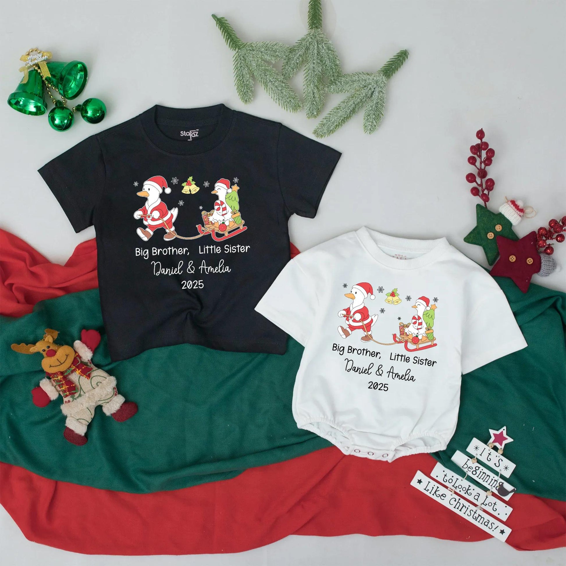 Personalized Big Brother Little Sister First Christmas Outfits 2025 Sibling Names Whimsical Goose Sledding Baby Toddler Holiday Shirts