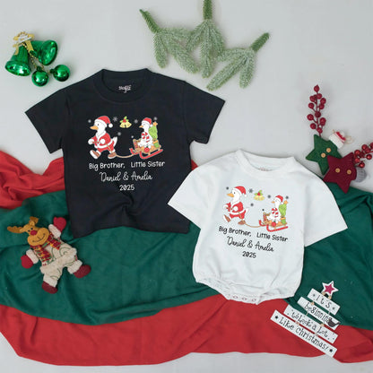 Personalized Big Brother Little Sister First Christmas Outfits 2025 Sibling Names Whimsical Goose Sledding Baby Toddler Holiday Shirts