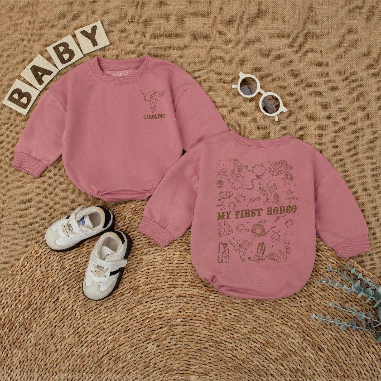 Personalized My First Rodeo Bubble Romper Western 1st Birthday Cowboy Baby Outfit Brown Vintage Skull Design Horse Lasso