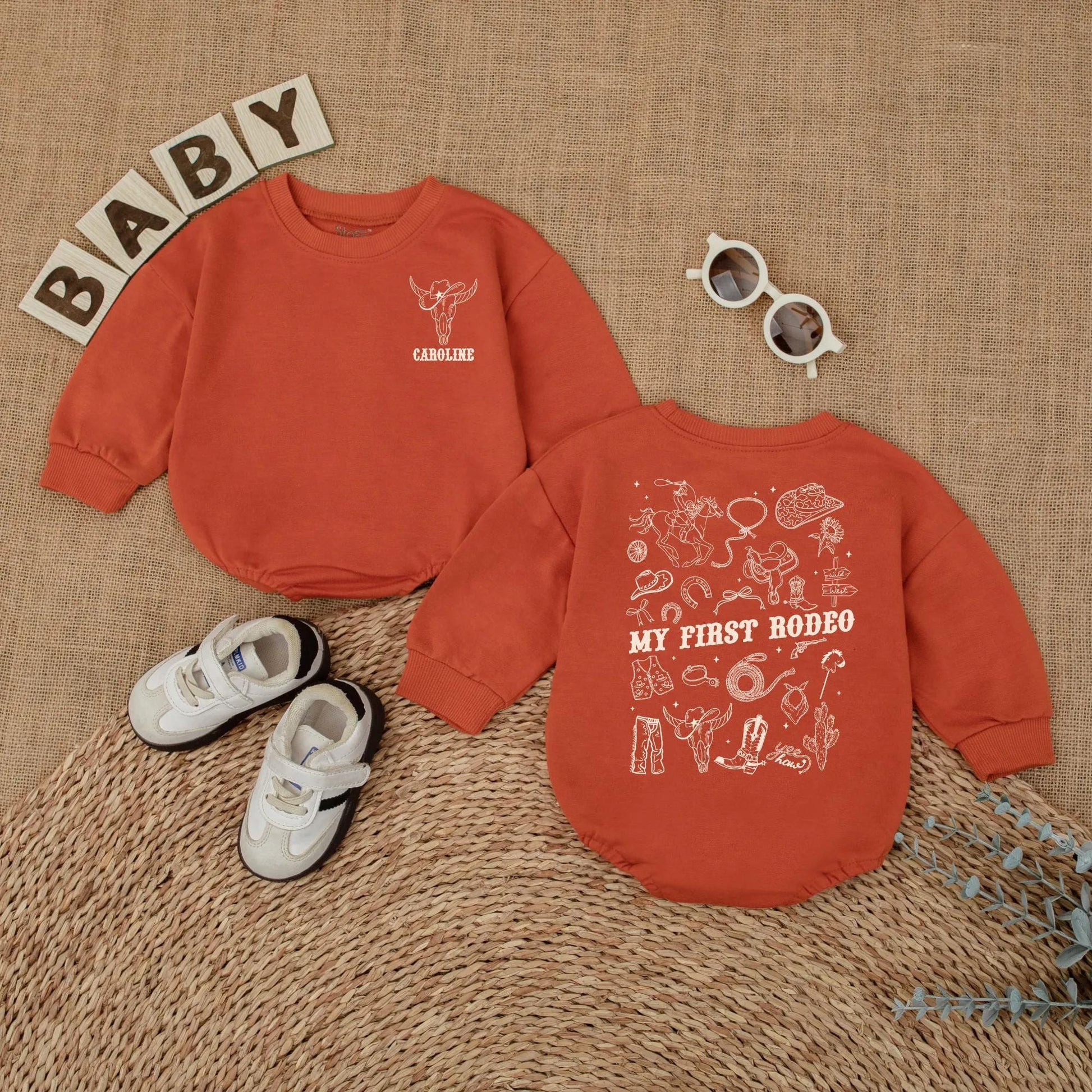 Personalized My First Rodeo Bubble Romper Western 1st Birthday Cowboy Baby Outfit Brown Vintage Skull Design Horse Lasso