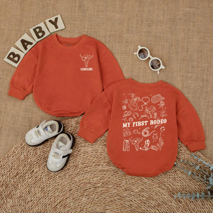 Personalized My First Rodeo Bubble Romper Western 1st Birthday Cowboy Baby Outfit Brown Vintage Skull Design Horse Lasso