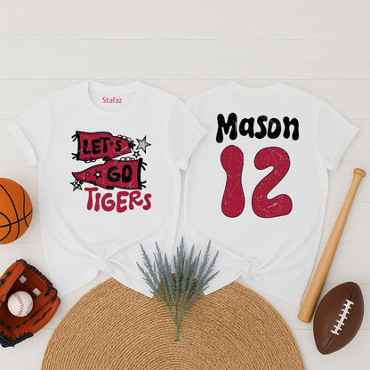 Vintage Let's Go Tigers Pennant Flag Mascot Shirt Red White Distressed Custom Name Mason 12 Game Day Fan Gift School Spirit Tee 138 Chars