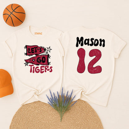 Vintage Let's Go Tigers Pennant Flag Mascot Shirt Red White Distressed Custom Name Mason 12 Game Day Fan Gift School Spirit Tee 138 Chars