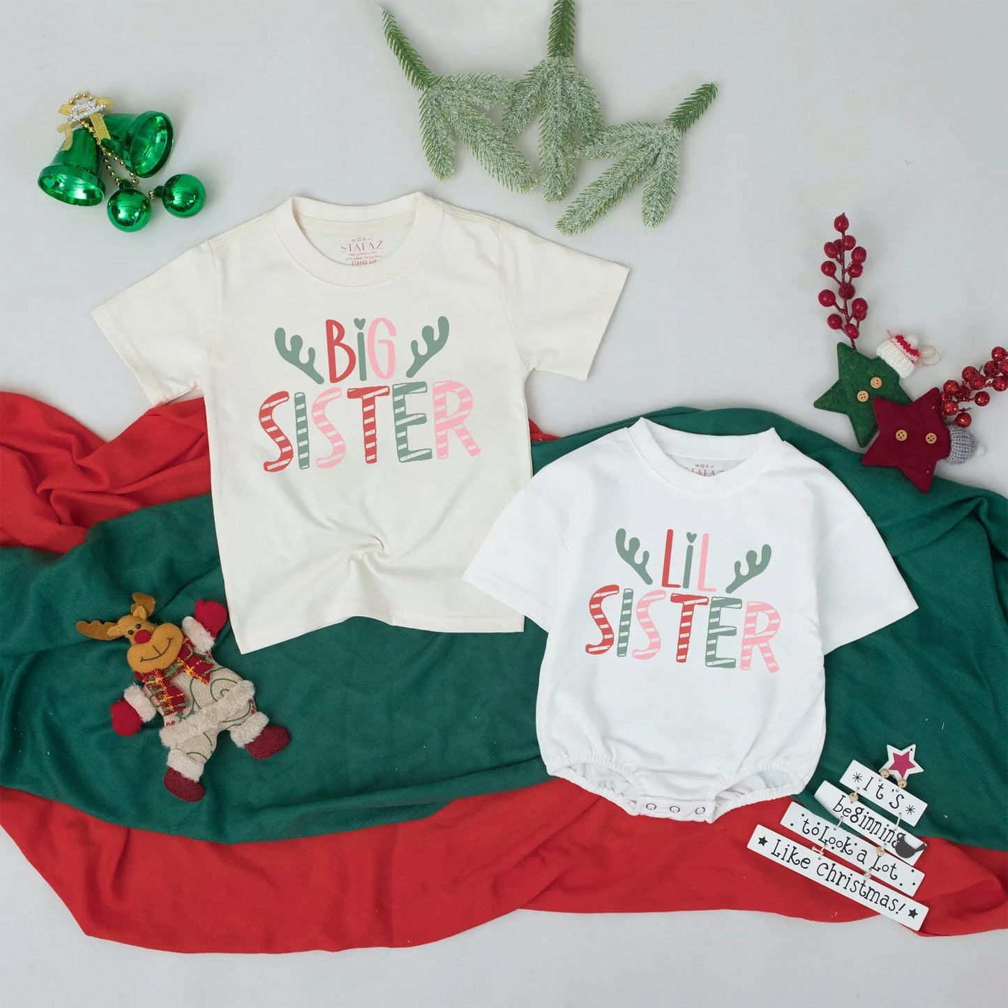 Matching Big Sister Lil Sister Christmas Shirts Antler Design, Sister Crew Outfit, Cute Holiday Gift, Baby Announcement Siblings, Soft Cotton Blend (139 chars)