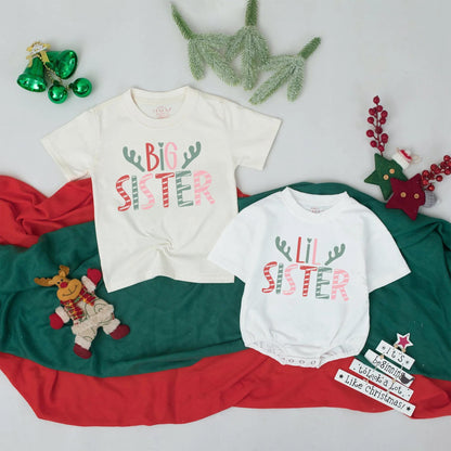 Matching Big Sister Lil Sister Christmas Shirts Antler Design, Sister Crew Outfit, Cute Holiday Gift, Baby Announcement Siblings, Soft Cotton Blend (139 chars)