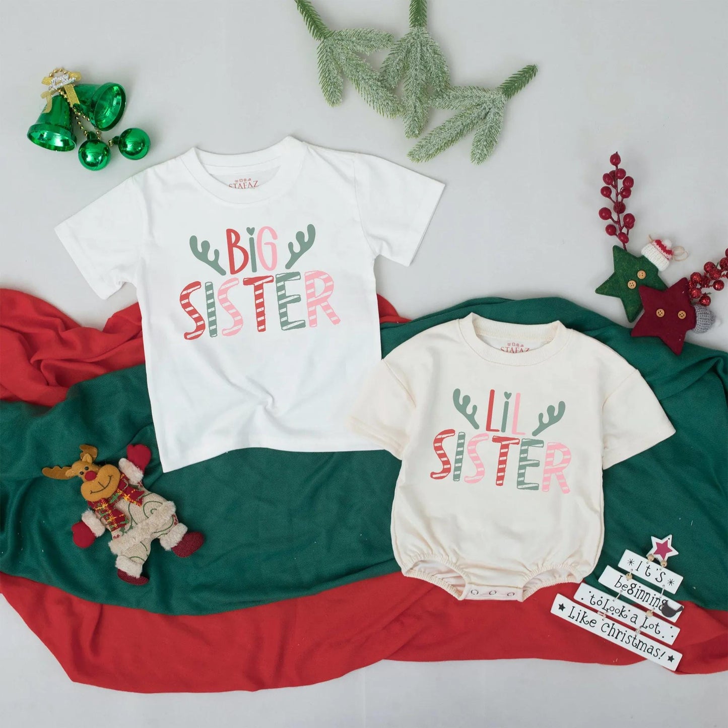 Matching Big Sister Lil Sister Christmas Shirts Antler Design, Sister Crew Outfit, Cute Holiday Gift, Baby Announcement Siblings, Soft Cotton Blend (139 chars)