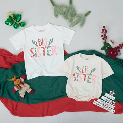 Matching Big Sister Lil Sister Christmas Shirts Antler Design, Sister Crew Outfit, Cute Holiday Gift, Baby Announcement Siblings, Soft Cotton Blend (139 chars)