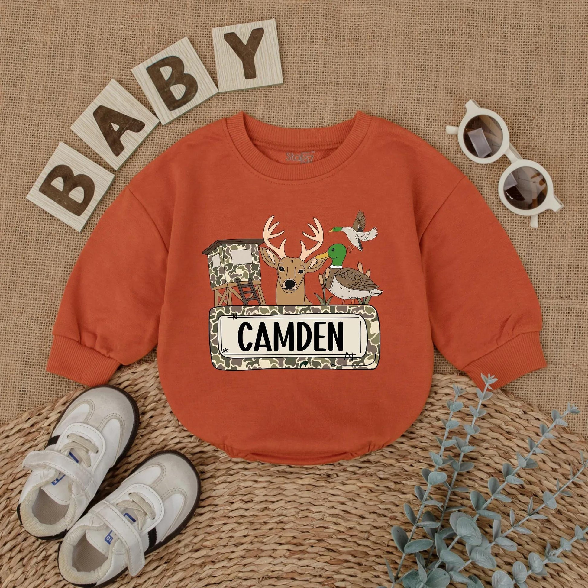 Cartoon Camo Deer & Duck Hunting Season Baby Romper Personalized Camden Gift for Boys Outdoor Adventures