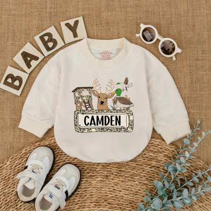 Cartoon Camo Deer & Duck Hunting Season Baby Romper Personalized Camden Gift for Boys Outdoor Adventures