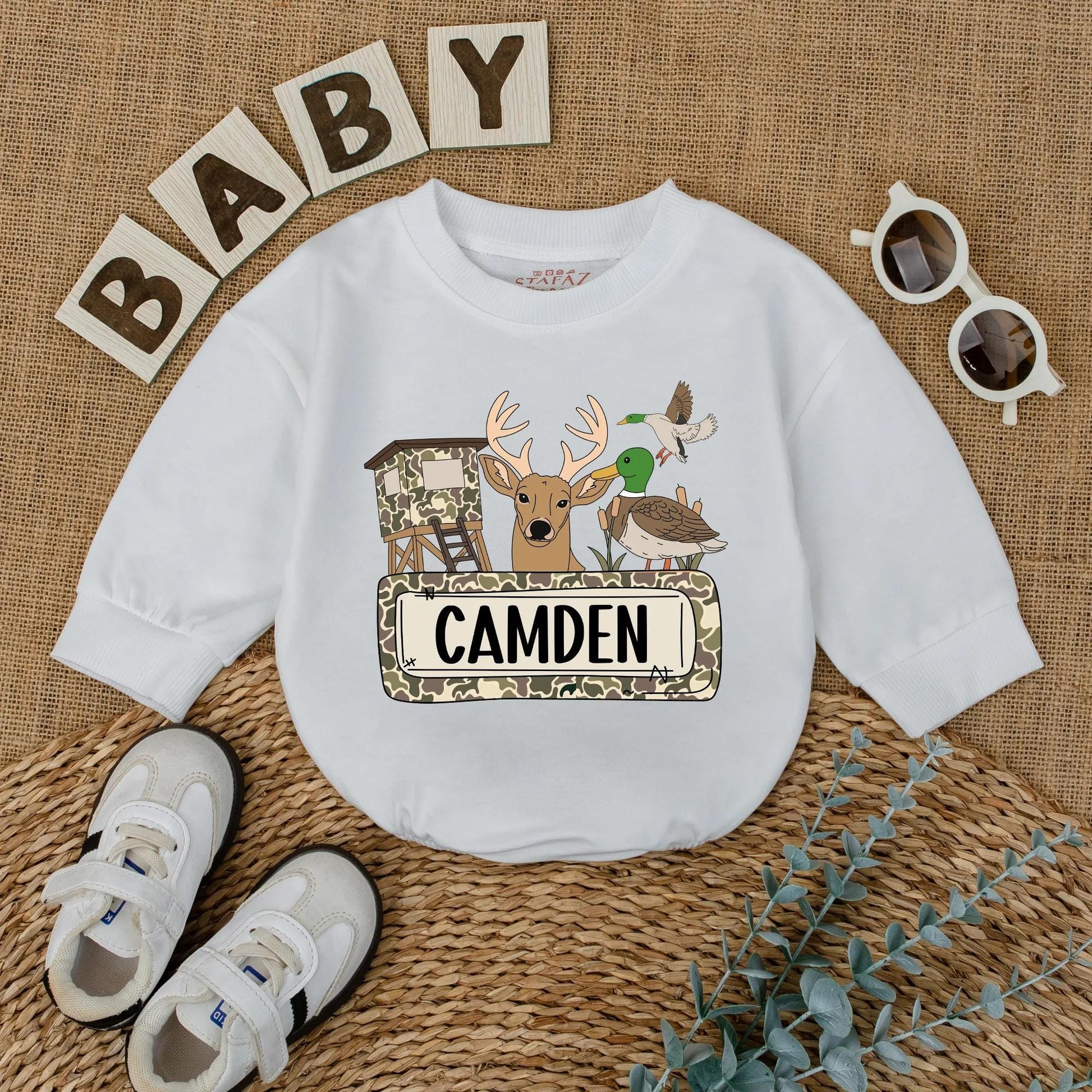 Cartoon Camo Deer & Duck Hunting Season Baby Romper Personalized Camden Gift for Boys Outdoor Adventures