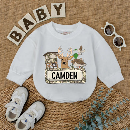 Cartoon Camo Deer & Duck Hunting Season Baby Romper Personalized Camden Gift for Boys Outdoor Adventures
