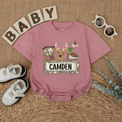 Cartoon Camo Deer & Duck Hunting Season Baby Romper Personalized Camden Gift for Boys Outdoor Adventures