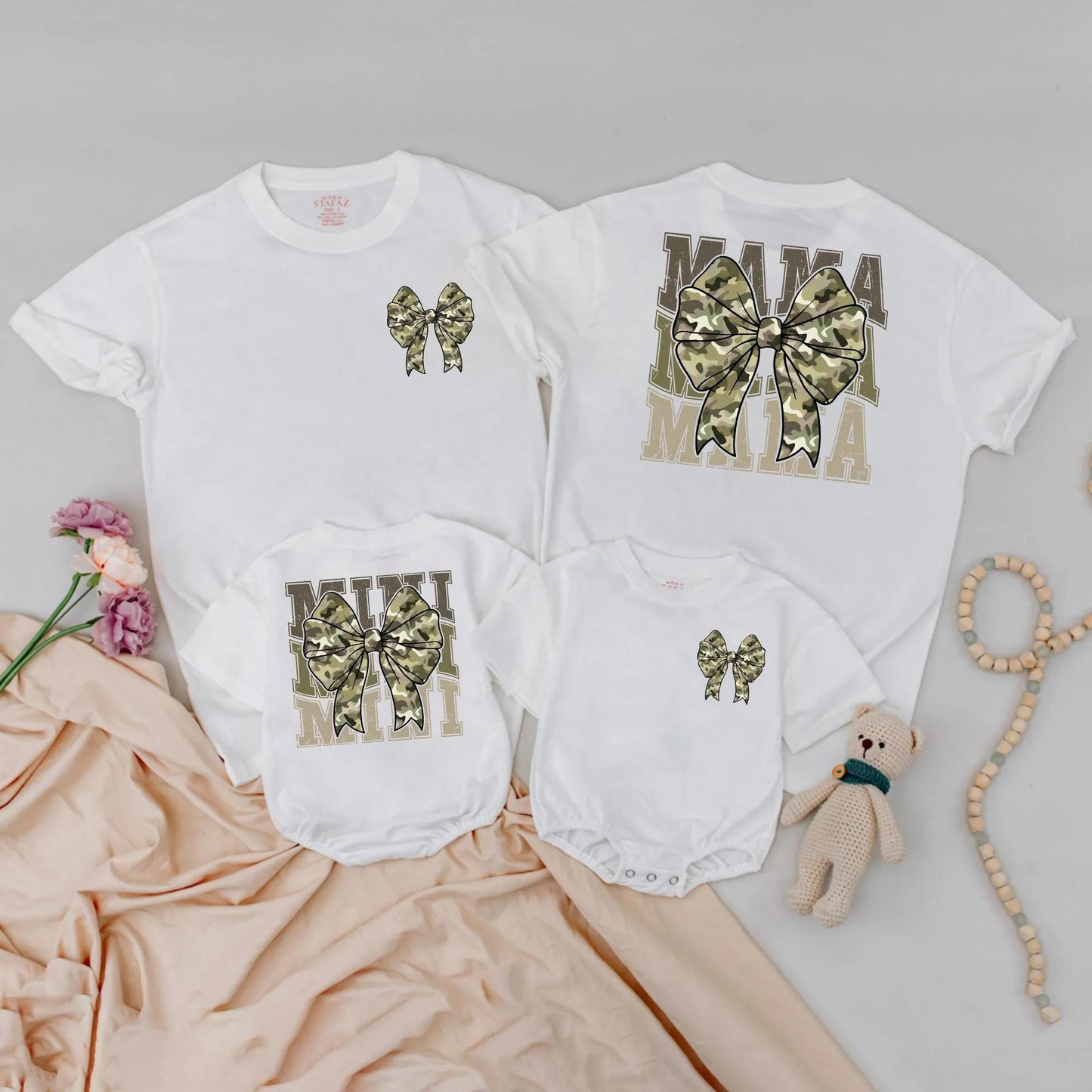 Matching Camo Bow Mama & Mini Shirts Cute Duck Family Outfits for Birthday Photos, First Birthday Gift, Mommy and Me Style, Playful Outdoor Adventure (140)