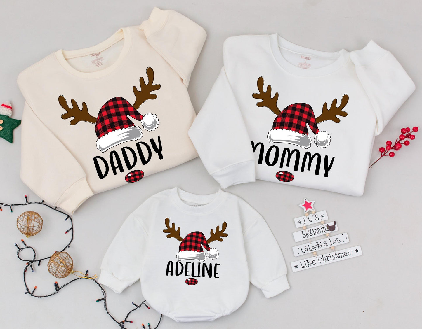 Matching Family Christmas Sweatshirts Daddy Mommy Sister Adeline Santa Hat Reindeer Plaid Cozy Xmas Gift Family Matching Outfits