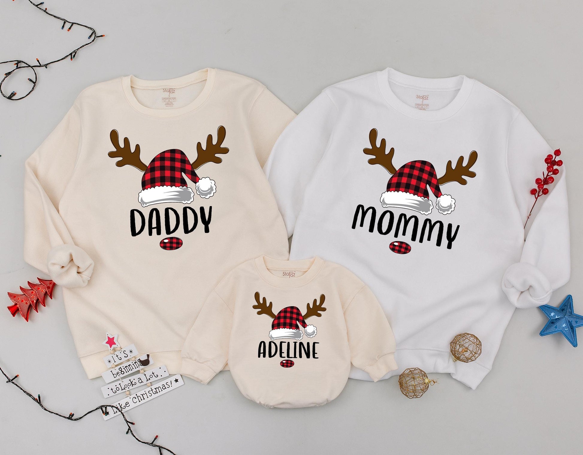 Matching Family Christmas Sweatshirts Daddy Mommy Sister Adeline Santa Hat Reindeer Plaid Cozy Xmas Gift Family Matching Outfits
