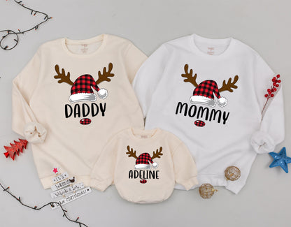 Matching Family Christmas Sweatshirts Daddy Mommy Sister Adeline Santa Hat Reindeer Plaid Cozy Xmas Gift Family Matching Outfits