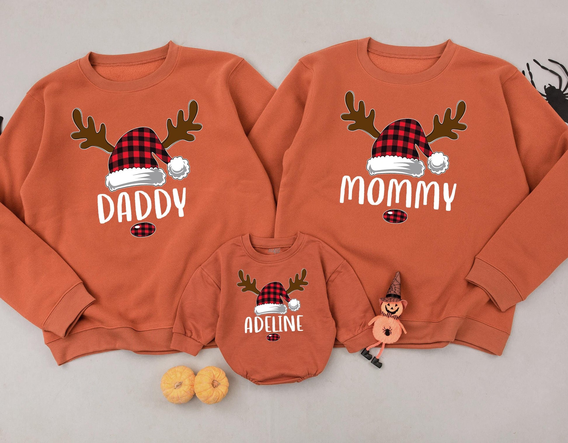 Matching Family Christmas Sweatshirts Daddy Mommy Sister Adeline Santa Hat Reindeer Plaid Cozy Xmas Gift Family Matching Outfits