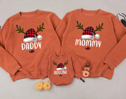 Matching Family Christmas Sweatshirts Daddy Mommy Sister Adeline Santa Hat Reindeer Plaid Cozy Xmas Gift Family Matching Outfits