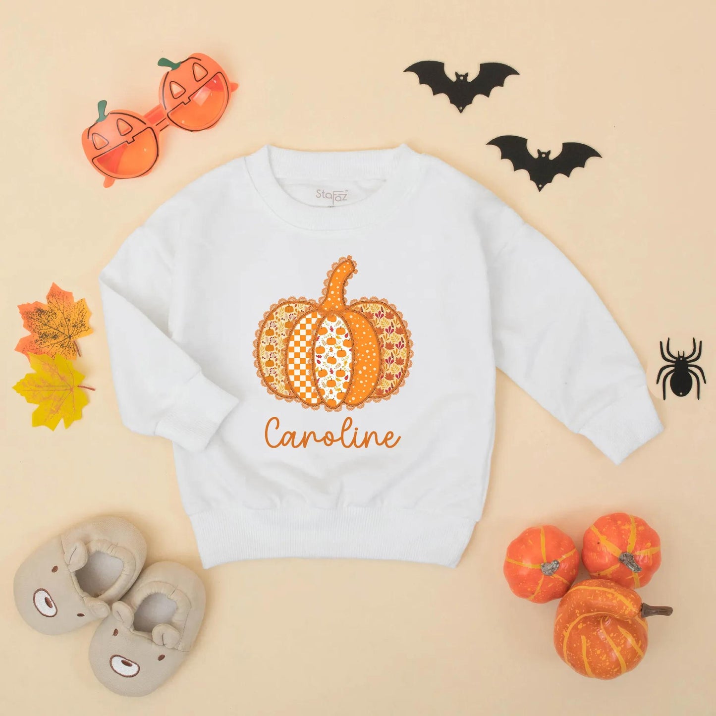 Custom Caroline Pumpkin Patch Romper: Thanksgiving Baby Girl Outfit, Cute Autumn Clothes, Festive Personalized Gift, Preppy Fall Bodysuit (139 chars)