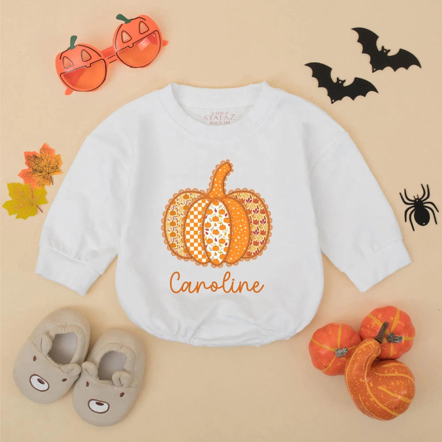 Custom Caroline Pumpkin Patch Romper: Thanksgiving Baby Girl Outfit, Cute Autumn Clothes, Festive Personalized Gift, Preppy Fall Bodysuit (139 chars)