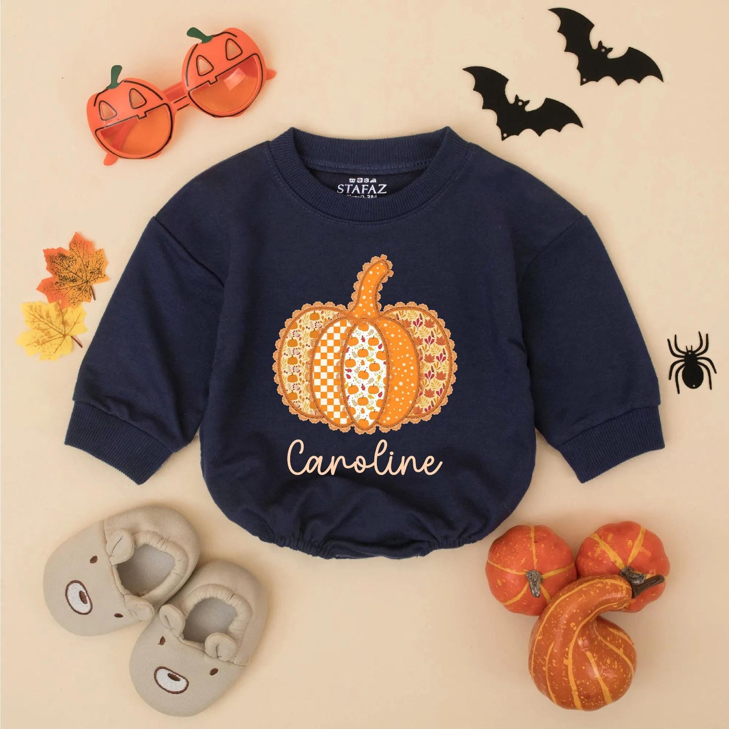 Custom Caroline Pumpkin Patch Romper: Thanksgiving Baby Girl Outfit, Cute Autumn Clothes, Festive Personalized Gift, Preppy Fall Bodysuit (139 chars)