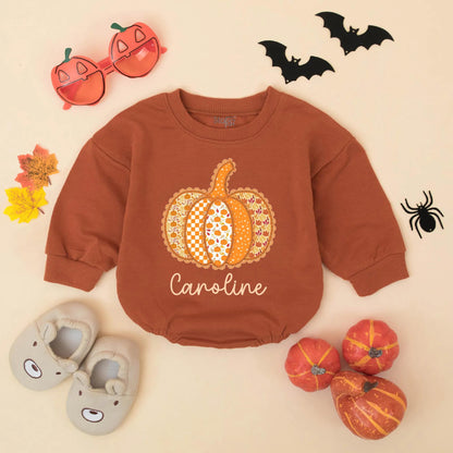 Custom Caroline Pumpkin Patch Romper: Thanksgiving Baby Girl Outfit, Cute Autumn Clothes, Festive Personalized Gift, Preppy Fall Bodysuit (139 chars)
