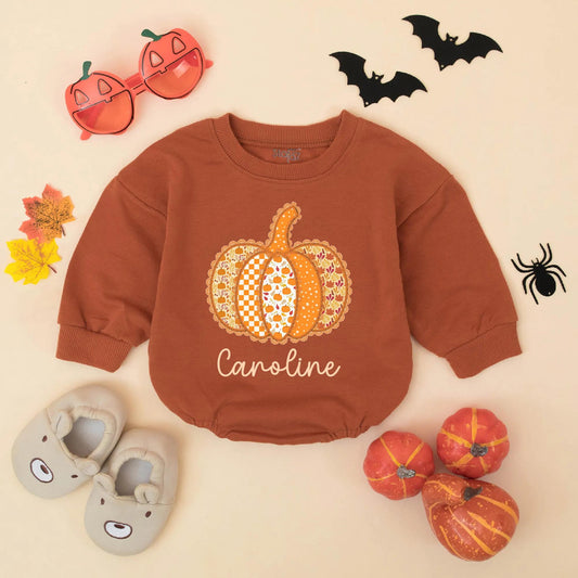 Custom Caroline Pumpkin Patch Romper: Thanksgiving Baby Girl Outfit, Cute Autumn Clothes, Festive Personalized Gift, Preppy Fall Bodysuit (139 chars)