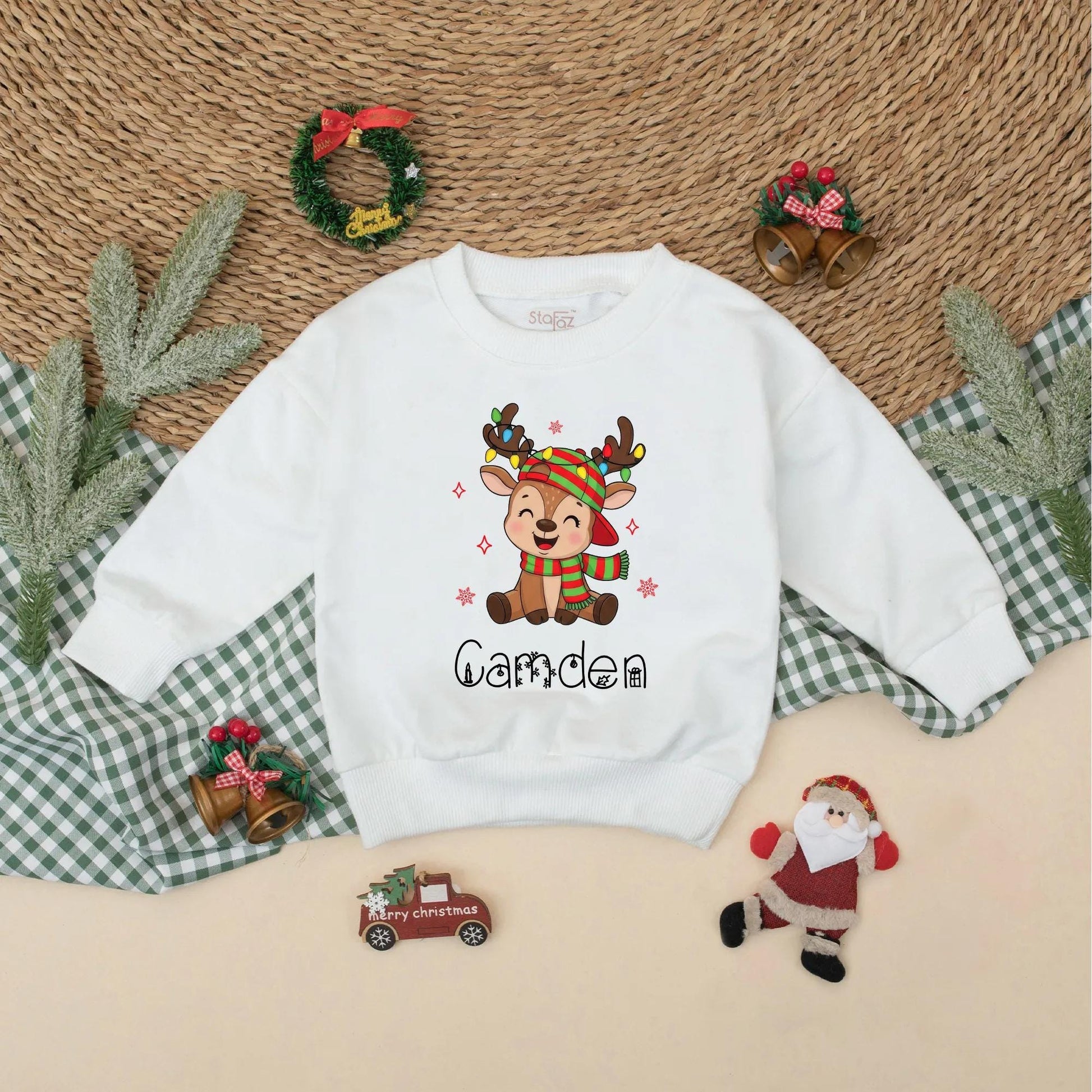 Personalized Christmas Reindeer Sweatshirt Romper Cute Baby Outfit Whimsical Holiday Design Custom Names Matching Siblings Festive Kids Clothes