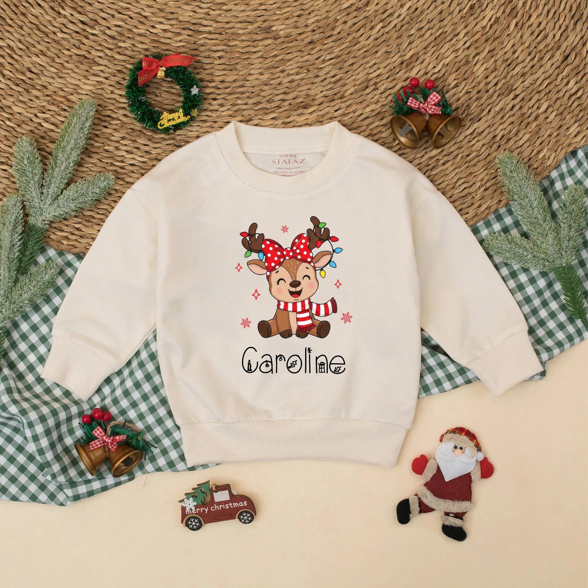 Personalized Christmas Reindeer Sweatshirt Romper Cute Baby Outfit Whimsical Holiday Design Custom Names Matching Siblings Festive Kids Clothes