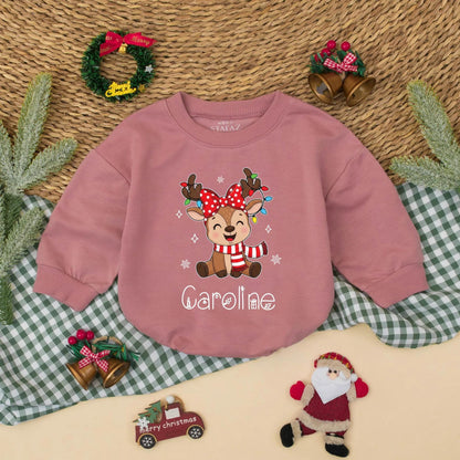 Personalized Christmas Reindeer Sweatshirt Romper Cute Baby Outfit Whimsical Holiday Design Custom Names Matching Siblings Festive Kids Clothes
