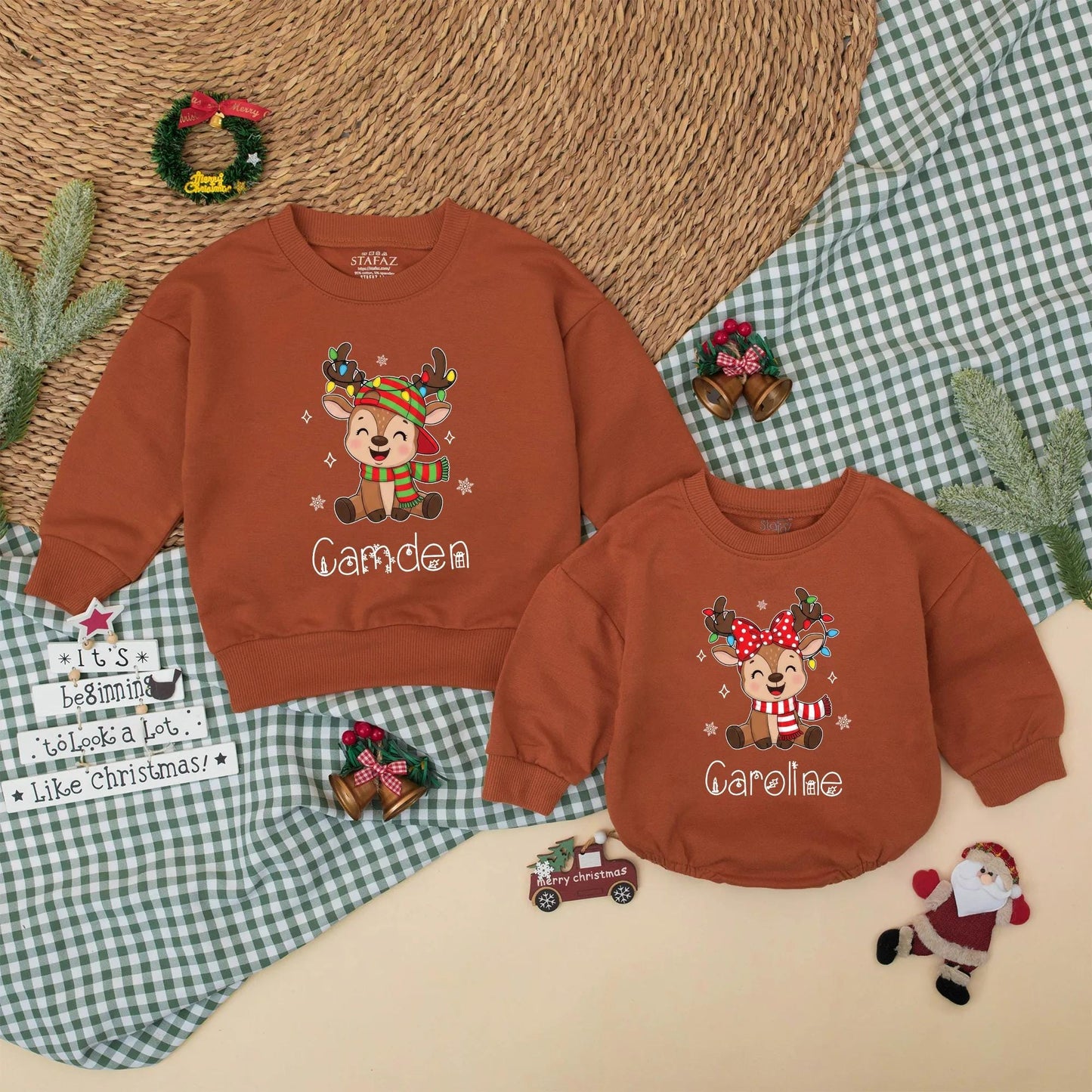 Personalized Christmas Reindeer Sweatshirt Romper Cute Baby Outfit Whimsical Holiday Design Custom Names Matching Siblings Festive Kids Clothes