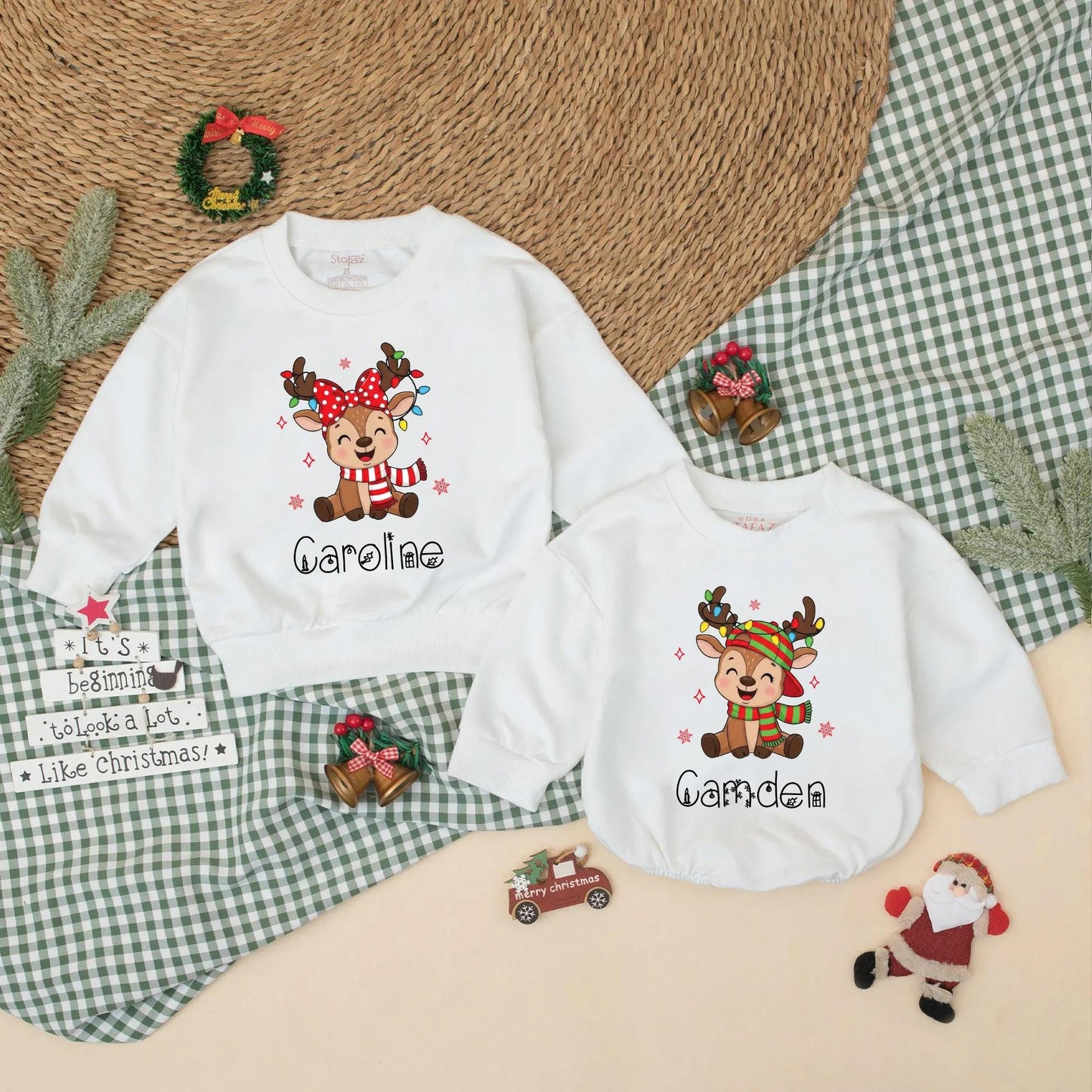 Personalized Christmas Reindeer Sweatshirt Romper Cute Baby Outfit Whimsical Holiday Design Custom Names Matching Siblings Festive Kids Clothes