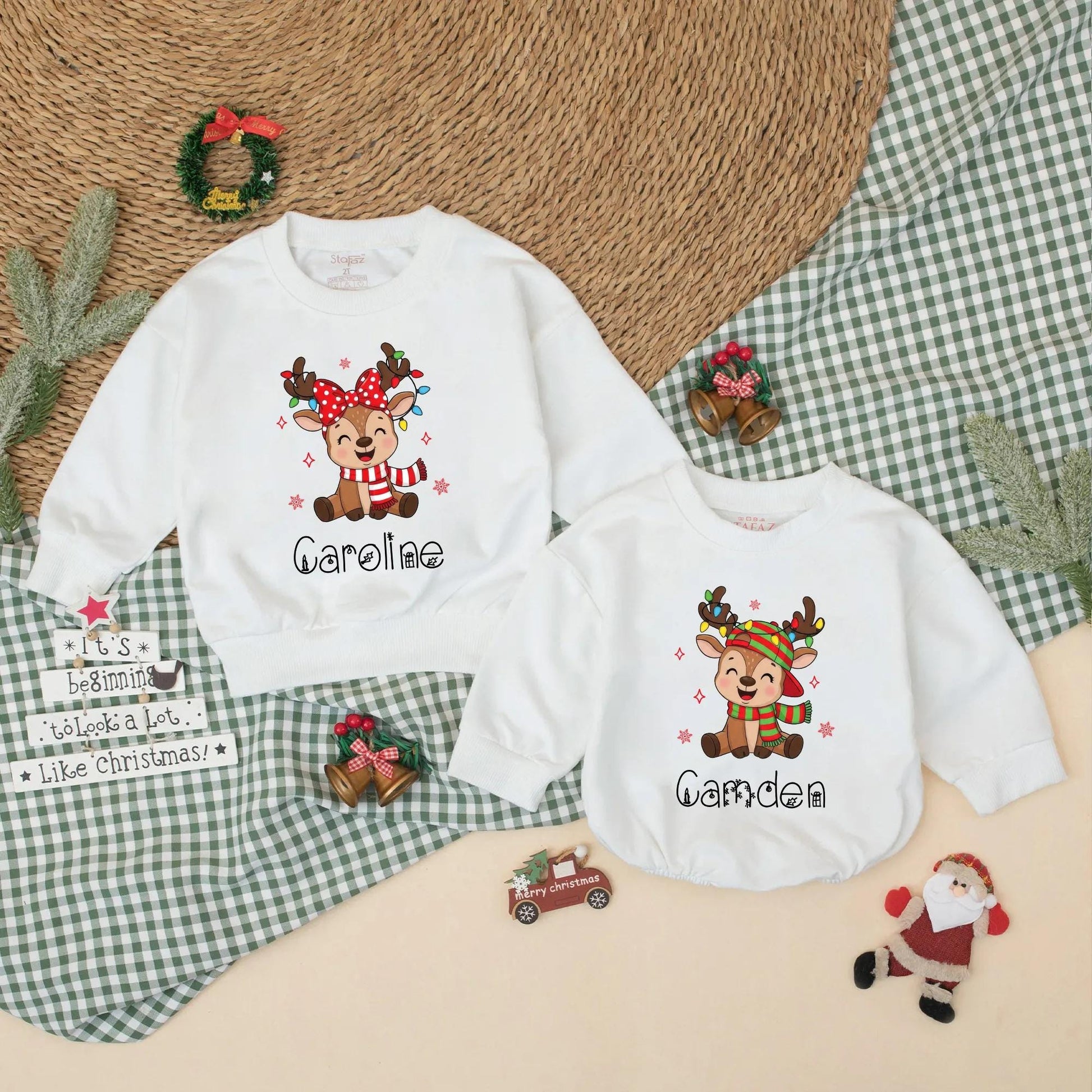 Personalized Christmas Reindeer Sweatshirt Romper Cute Baby Outfit Whimsical Holiday Design Custom Names Matching Siblings Festive Kids Clothes