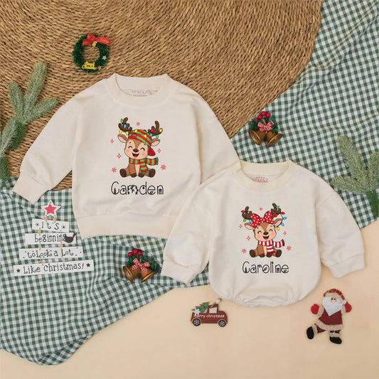 Personalized Christmas Reindeer Sweatshirt Romper Cute Baby Outfit Whimsical Holiday Design Custom Names Matching Siblings Festive Kids Clothes