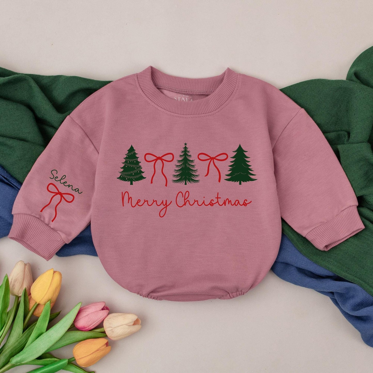 Personalized Preppy Christmas Tree Baby Romper First Christmas Outfit Holiday Girl Bodysuit Newborn Shower Gift Retro Clothes