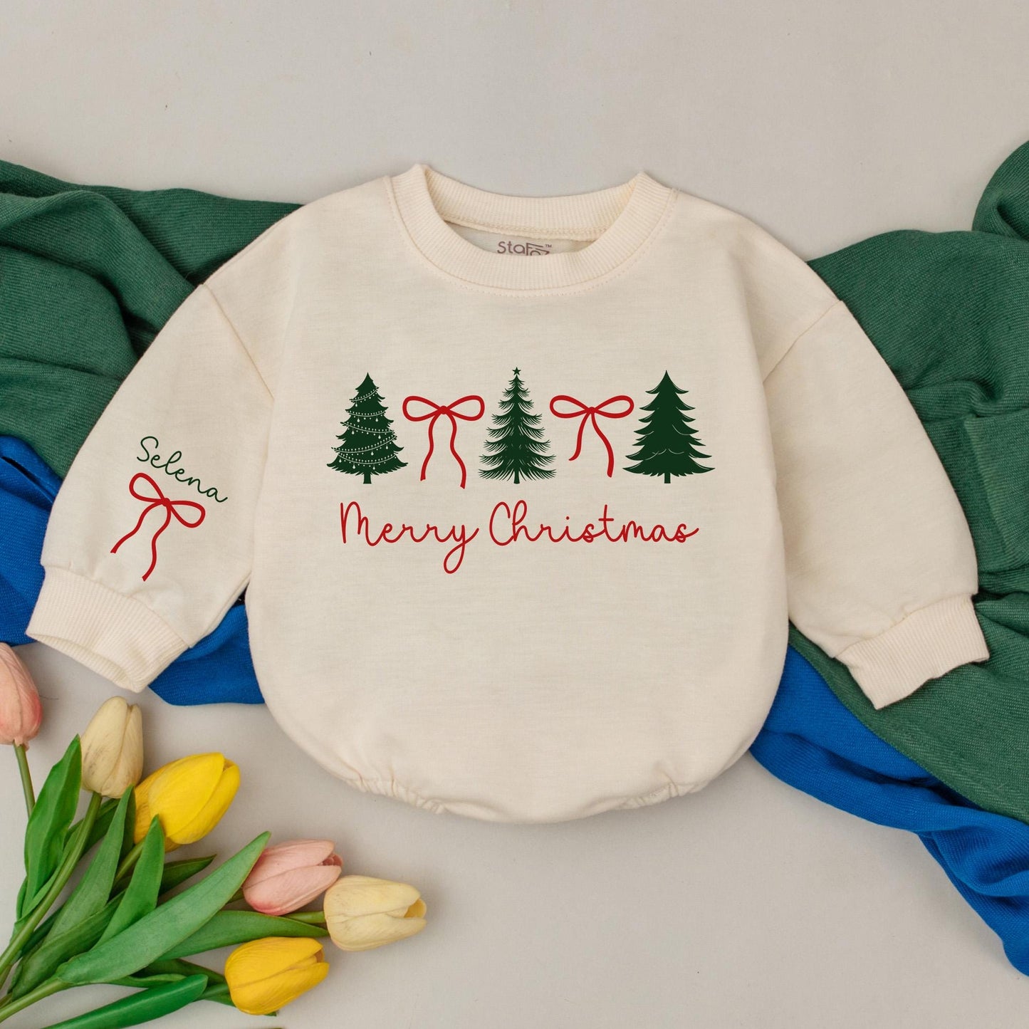 Personalized Preppy Christmas Tree Baby Romper First Christmas Outfit Holiday Girl Bodysuit Newborn Shower Gift Retro Clothes