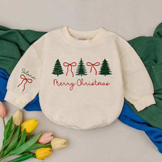 Personalized Preppy Christmas Tree Baby Romper First Christmas Outfit Holiday Girl Bodysuit Newborn Shower Gift Retro Clothes